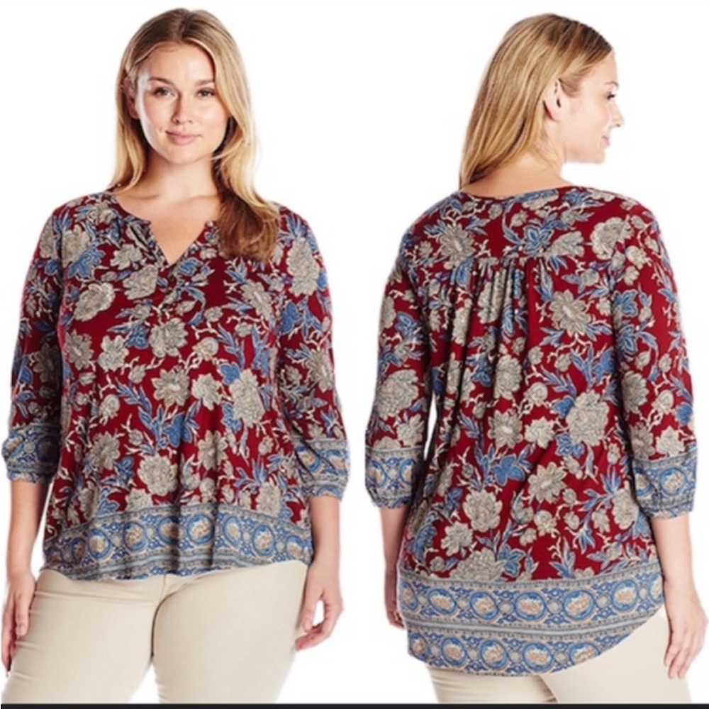 Lucky Brand V-Neck Peasant Blouse Shirt Top Floral boho print 3/4 Sleeve Large